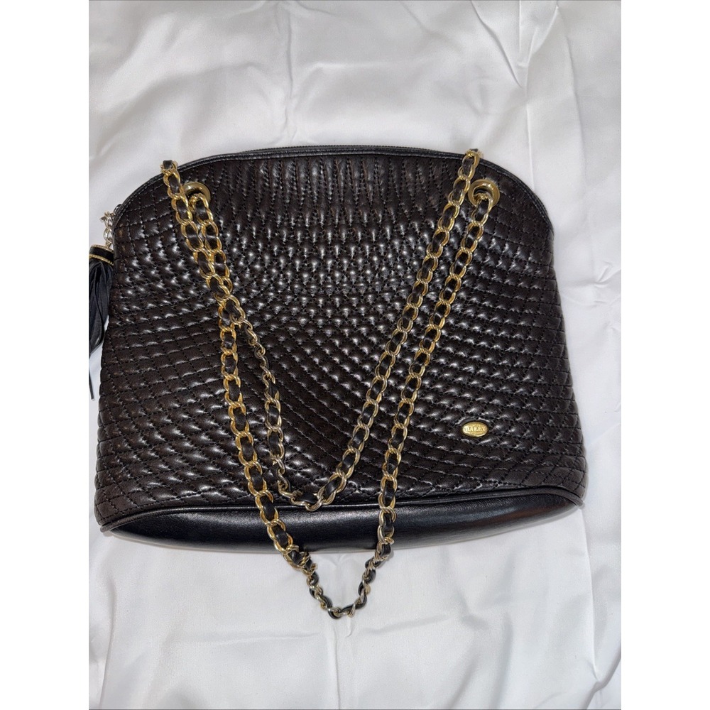 Bally Vintage Black Italian Leather Quilted Shoulder Bag Gold Chain Straps 1980s - Picture 15 of 15